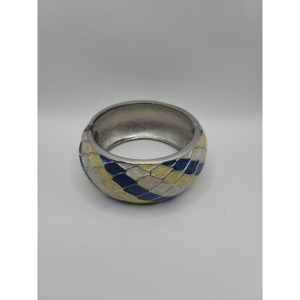 Blue Yellow Cream Enamel Mosaic Hinged Cuff Bracelet Wide Statement Jewelry